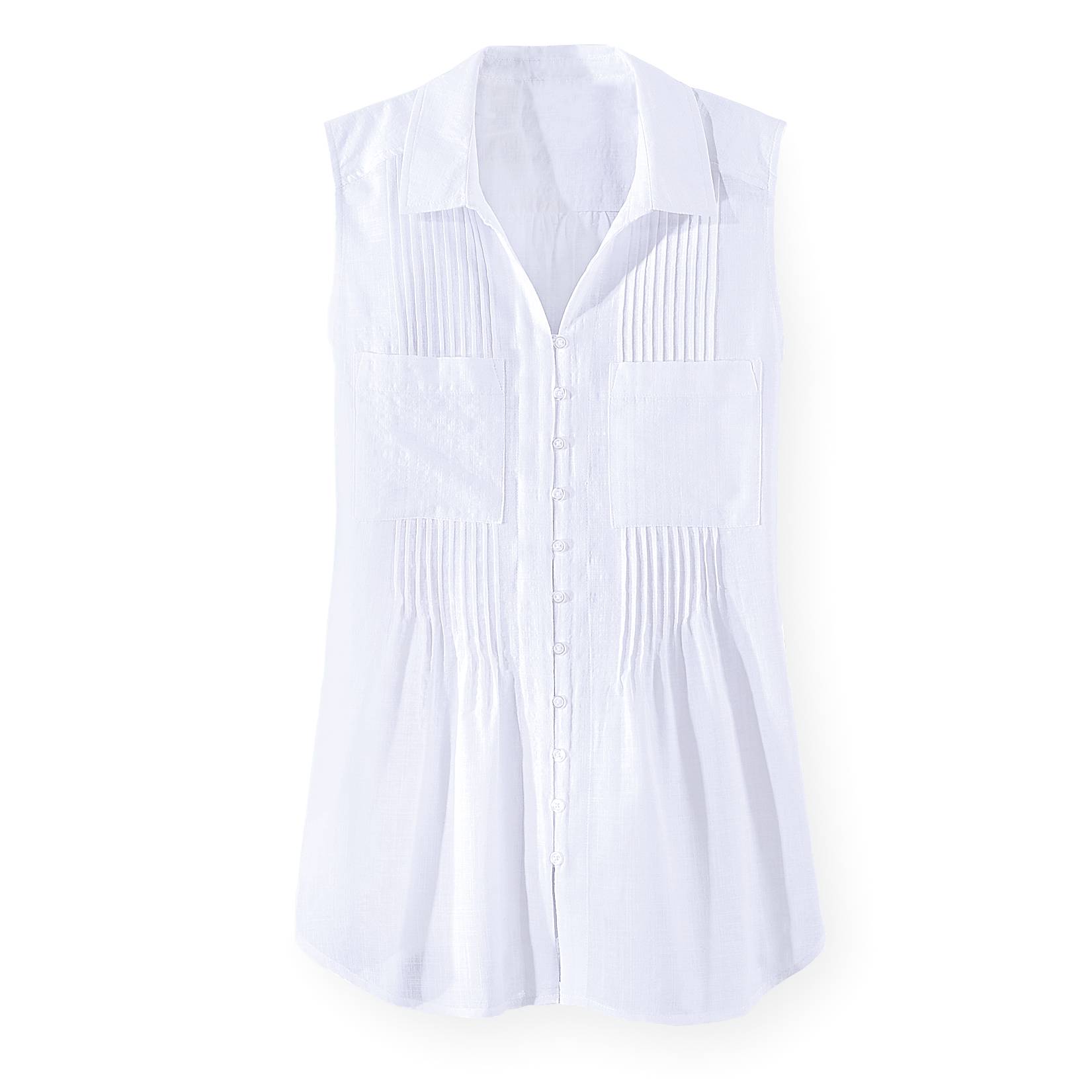 Pintuck Sleeveless Top, Button Front, Back Yoke, Curved High-Low Hem - Northstyle Catalog