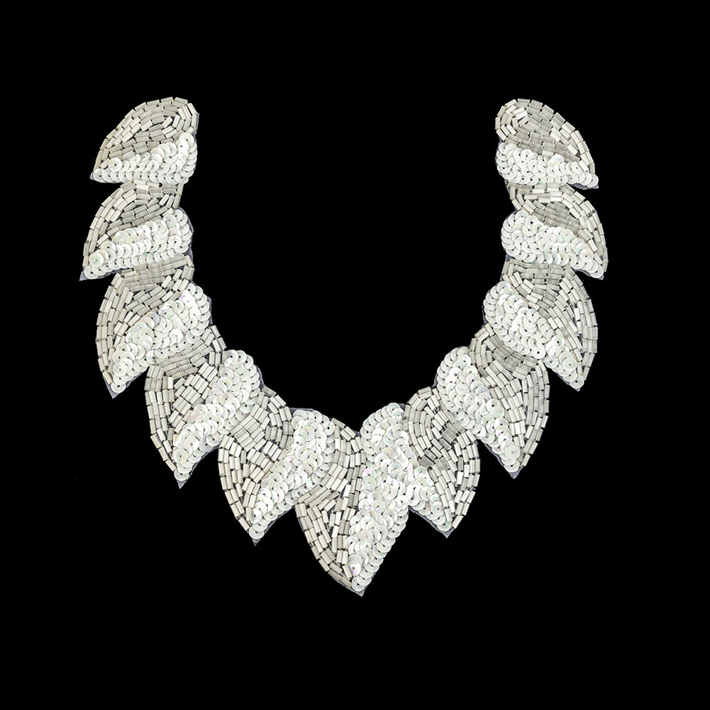 Vintage Fancy White Sequins and Bugle Beaded Neckline Applique - 7.625
