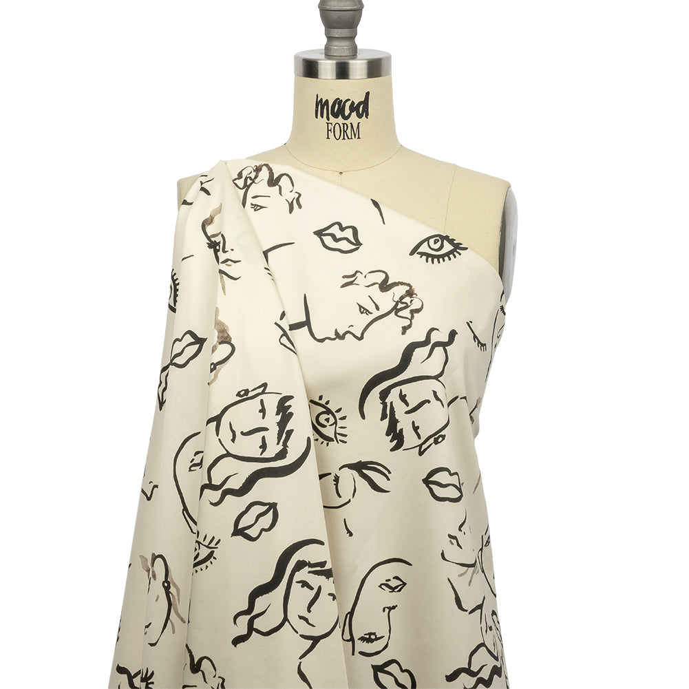 Stretch Cotton Sateen - Black and White Face Drawings - Everyday Runway Print - Mood Exclusive Metro Collection - Joann Fabrics