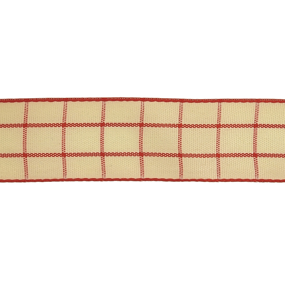 Pointsettia and Ethereal Green Windowpane Check Woven Ribbon - 1