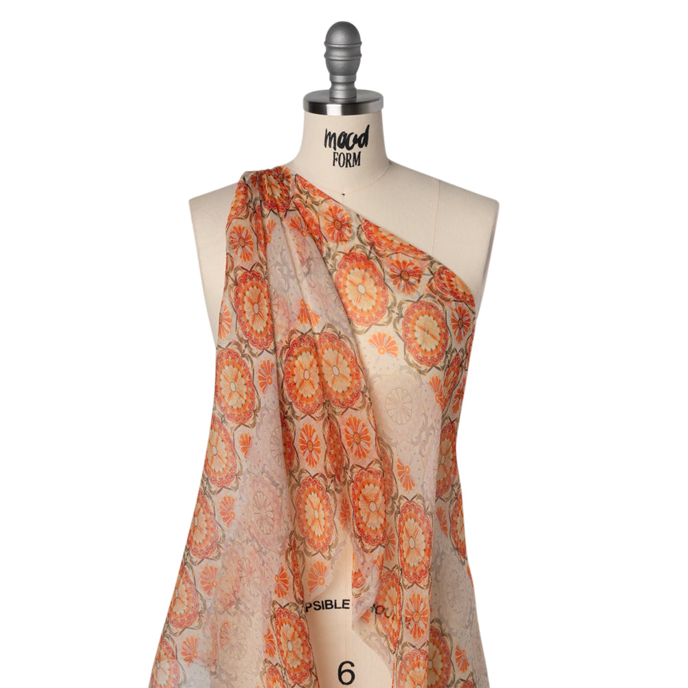 Crinkled Silk Chiffon Print - Orange, Red and Pale Lilac Floral Stripes - Deadstock - Joann Fabrics