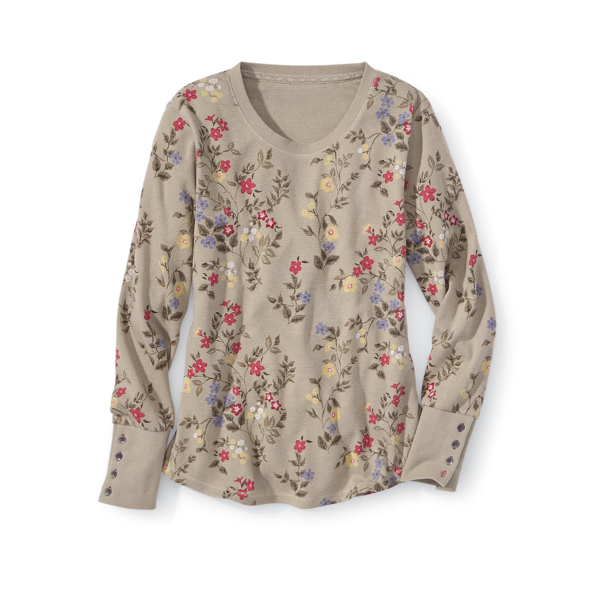 Floral-Print Waffle Crewneck Top, Long Sleeves, Button Cuffs - Northstyle Catalog