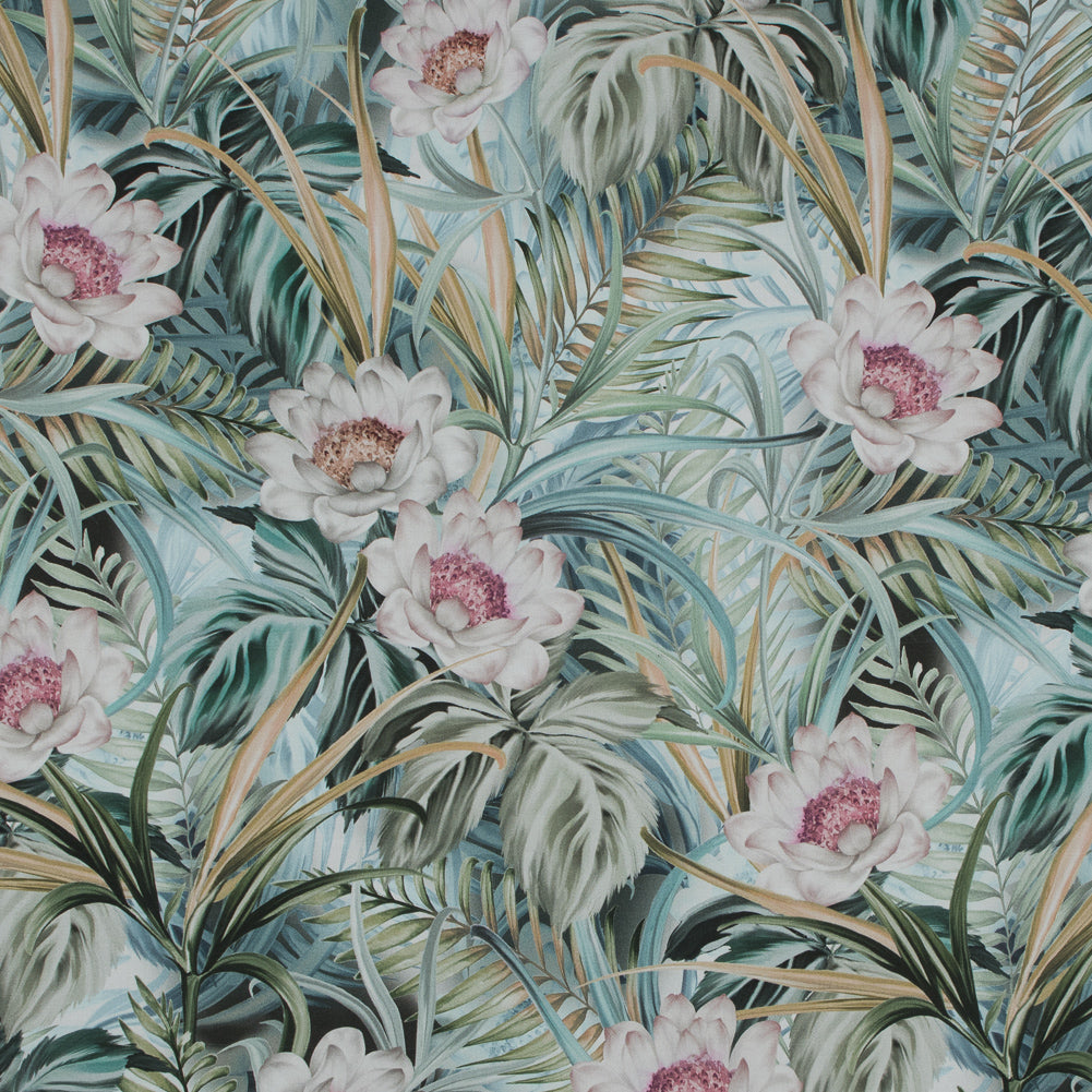 Stretch Cotton Sateen - Green Floral and Leaves - Warmth of Thoughtfulness Print - Mood Exclusive Key Largo Collection - Joann Fabrics