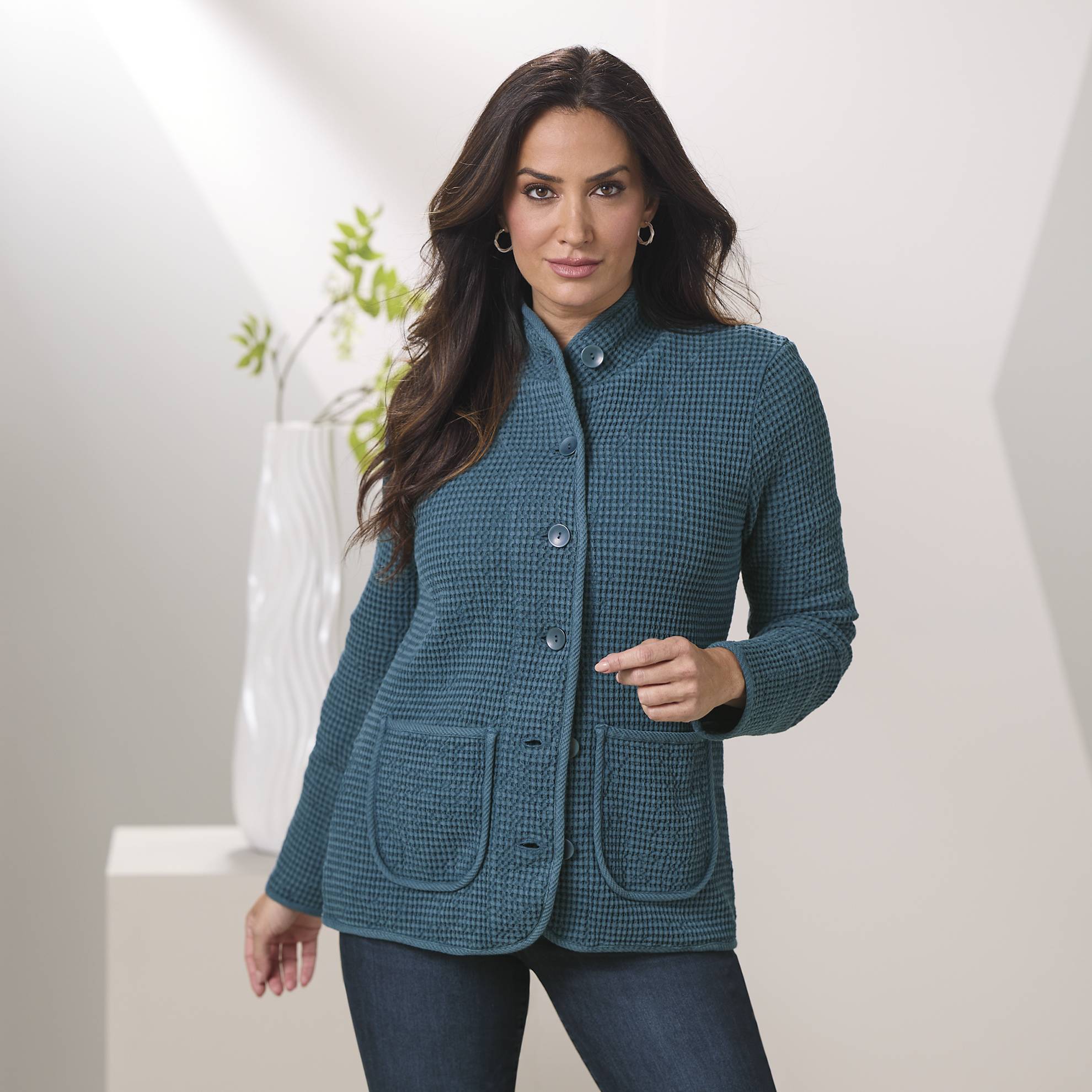 Waffle-Weave Mandarin-Collar Cotton Jacket, Pockets - Northstyle Catalog