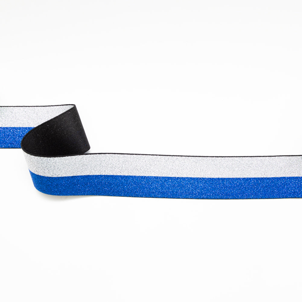 Italian Metallic Blue and Silver Striped Elastic Ribbon - 1.625