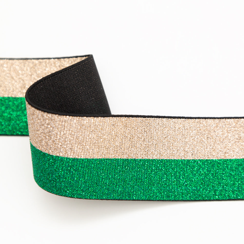 Italian Metallic Green and Gold Striped Elastic Ribbon - 1.625