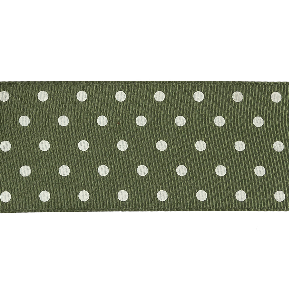Pesto and White Polka Dots Grosgrain Ribbon - 1.625