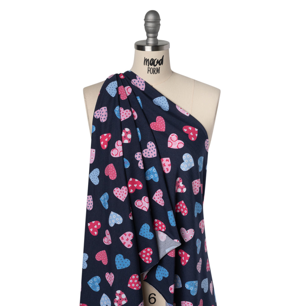 Stretch Cotton and Modal Jersey Print - Navy Blue and Pink Patterned Hearts - Deadstock - Joann Fabrics