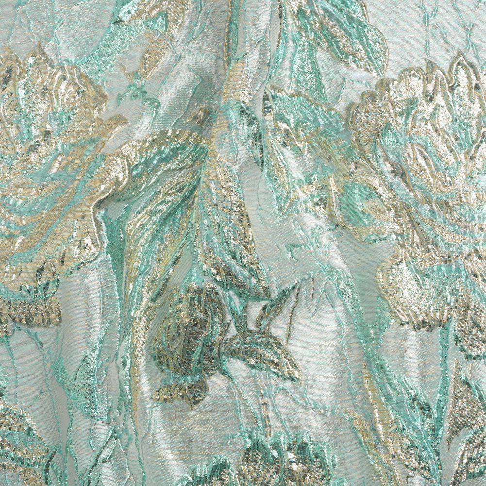 Metallic Light Blue, Gold and Aqua Radiant Roses Luxury Brocade - Joann Fabrics