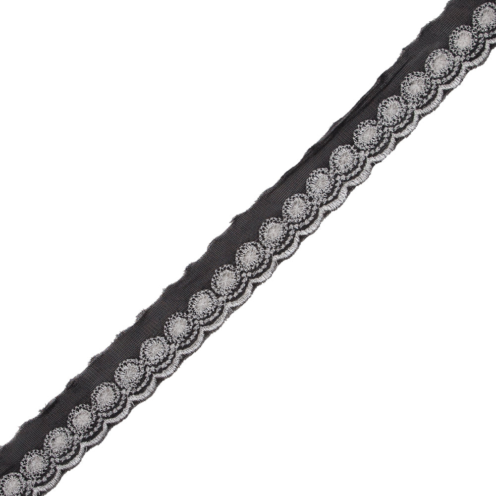 White and Black Embroidered Mesh Trim with a Scalloped Edge - 1