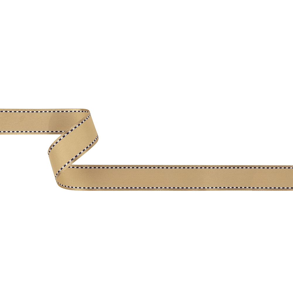 Marzipan Woven Ribbon with Navy Blazer and White Stitched Border - 0.75