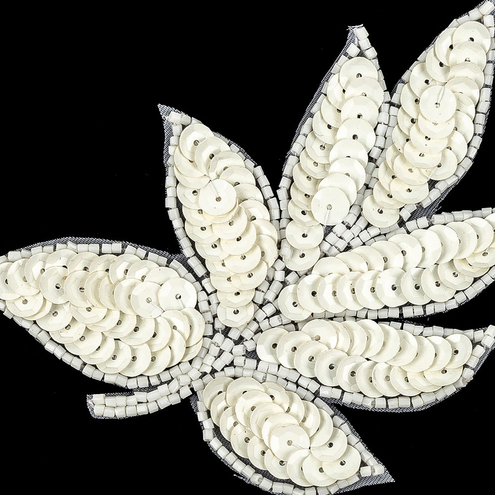 Vintage Off-White Sequins and White-lined Beaded Leaf Applique - 4