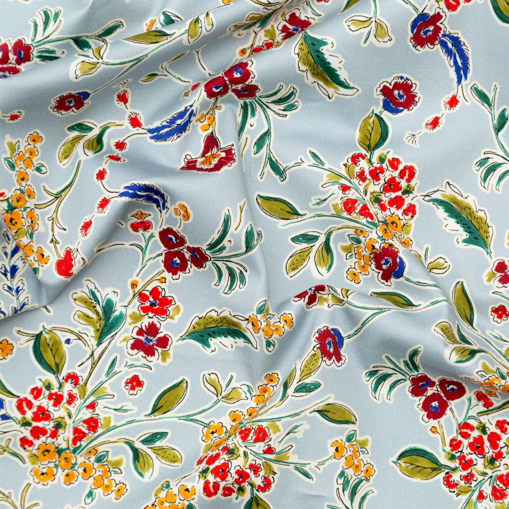 Stretch Cotton Sateen - Light Blue and Red Floral - Poppy Rivieras Print - Mood Exclusive St. Tropez Collection - Joann Fabrics