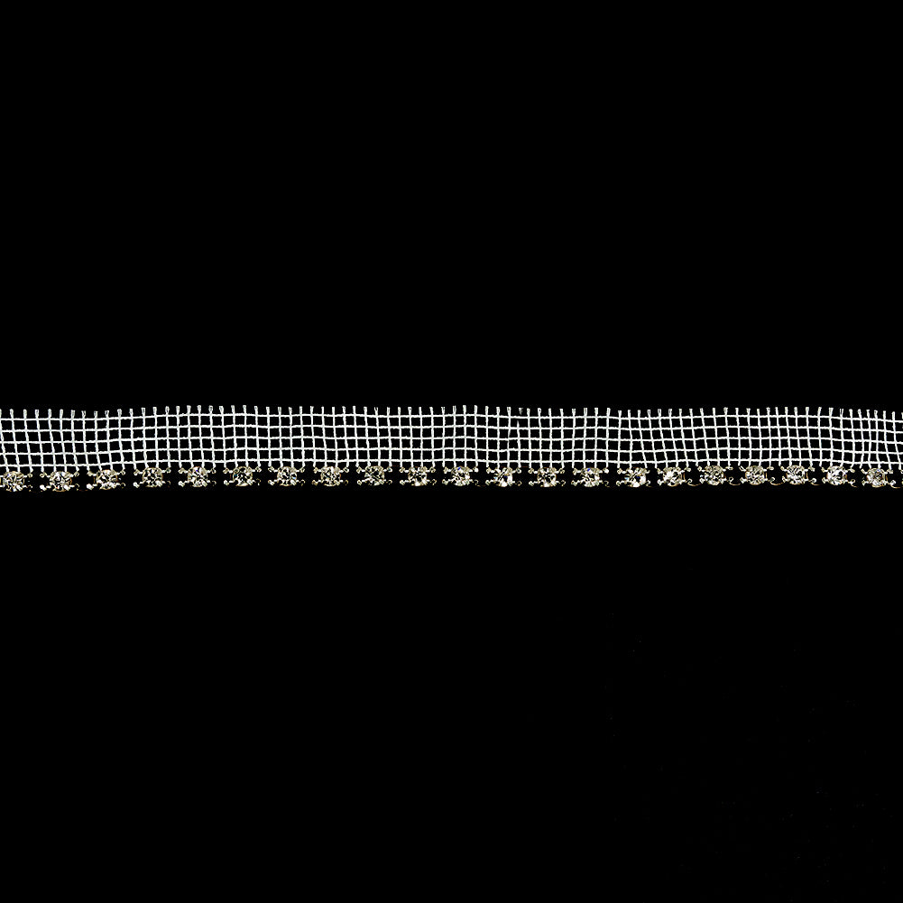 Vintage Crystal, Black and Silver 1 Row Circular Rhinestones on White Mesh Trimming - 0.75