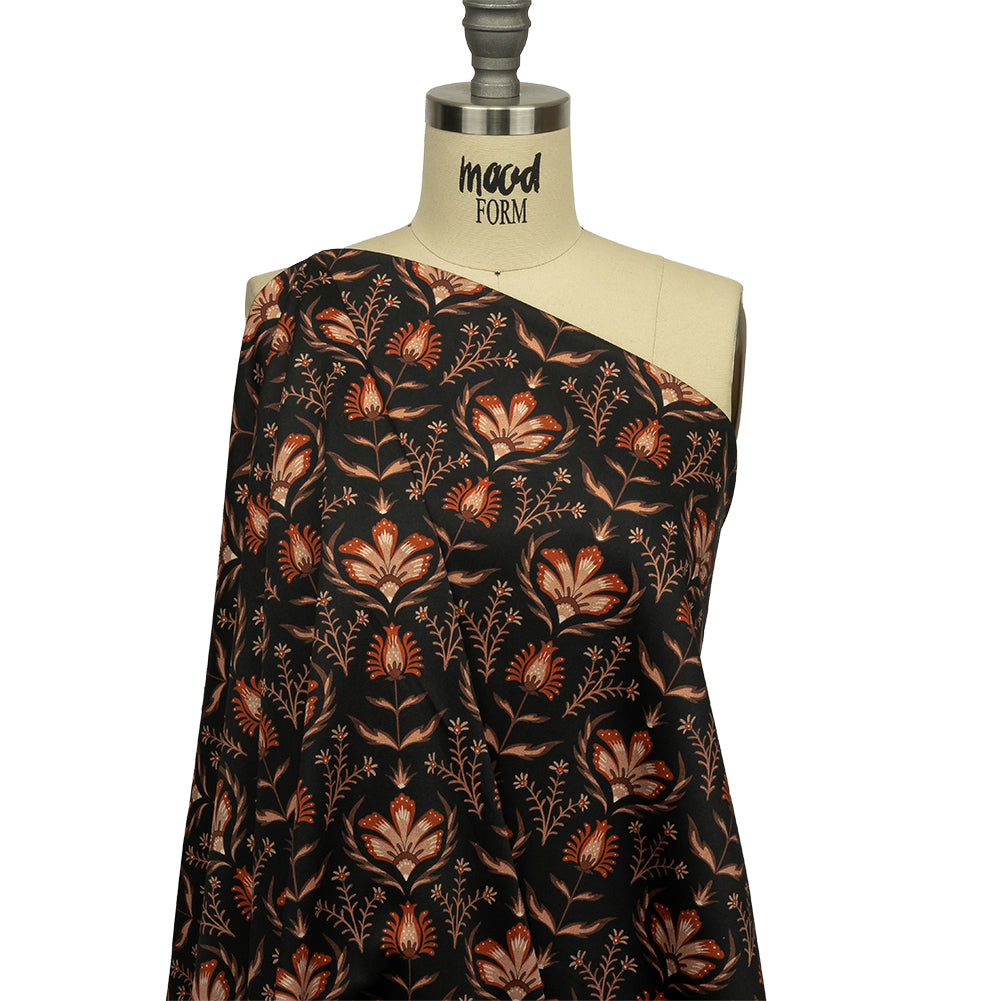 Stretch Cotton Sateen - Black and Orange Floral - Watching the Fire Print - Mood Exclusive Rockland Collection - Joann Fabrics