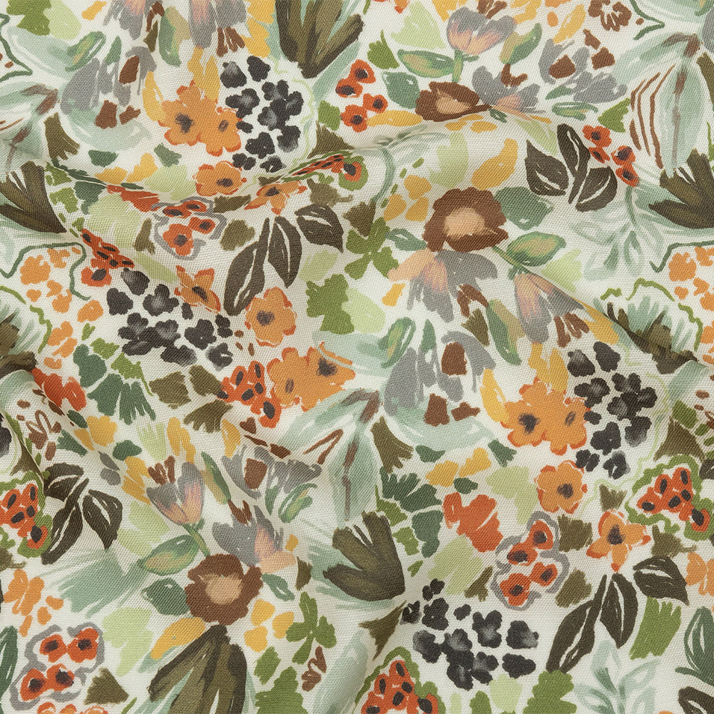 Viscose and Linen Twill Print - Orange and Olive Green Painterly Floral - Mood Exclusive Morisot - Joann Fabrics