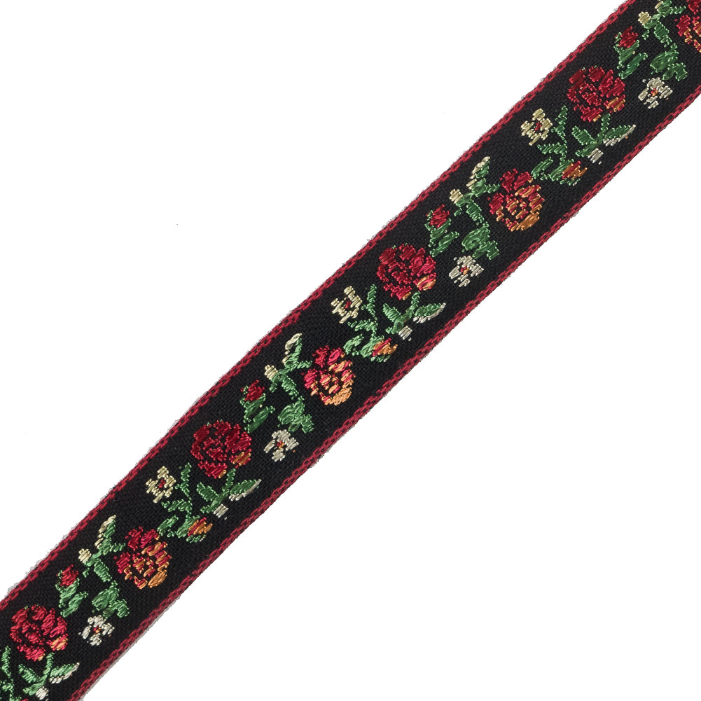 Red, Green and Black Floral German Jacquard Ribbon - 0.625