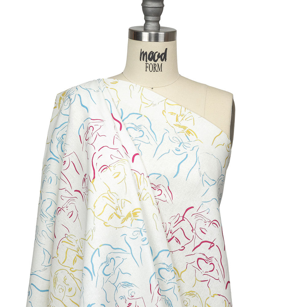 Linen and Rayon Woven - Blue, Yellow and Pink Faces and Hands - Language of Love Print - Mood Exclusive Pride Collection - Joann Fabrics