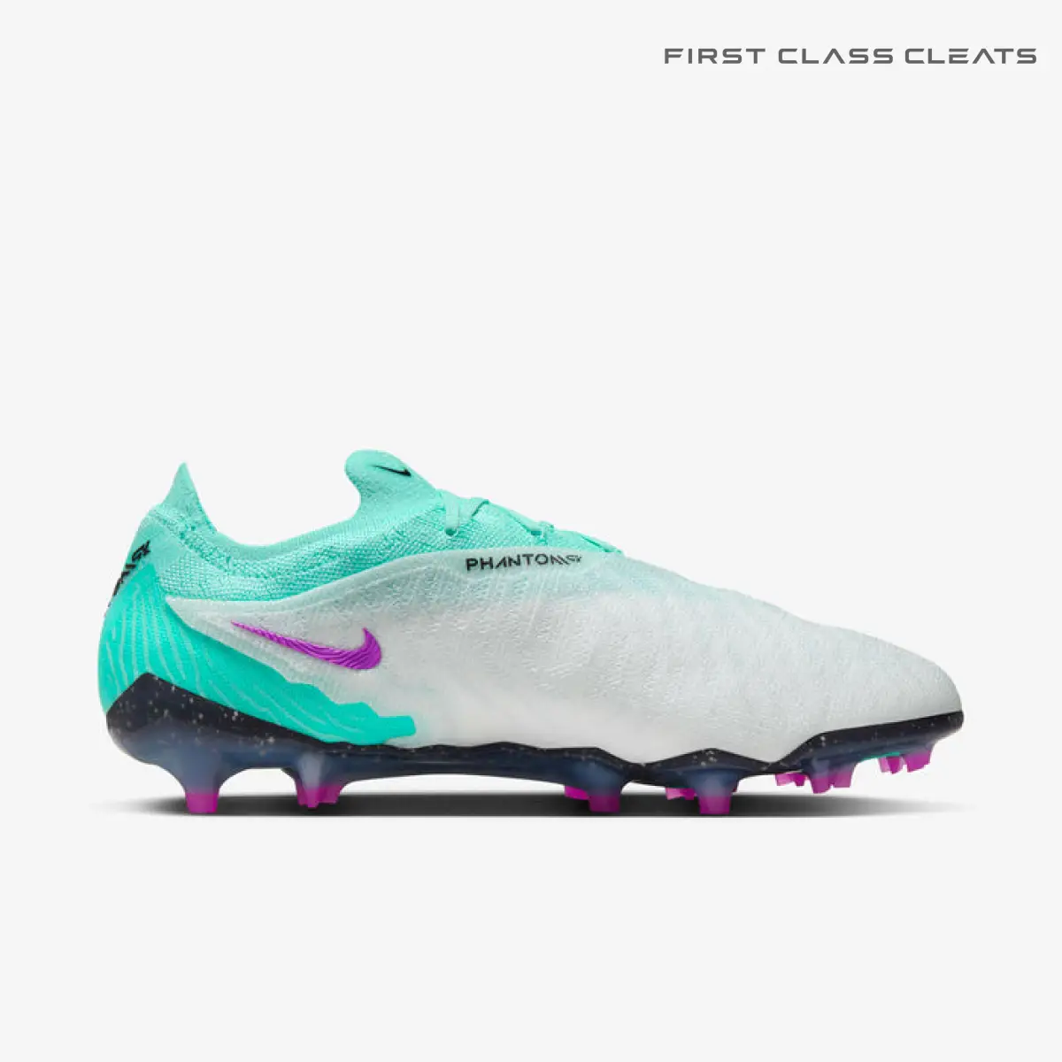 Opposite side profile of a Phantom GX Peak Ready football boot with a light-coloured forefoot, mint collar and heel, purple heel swoosh and PHANTOM lettering.