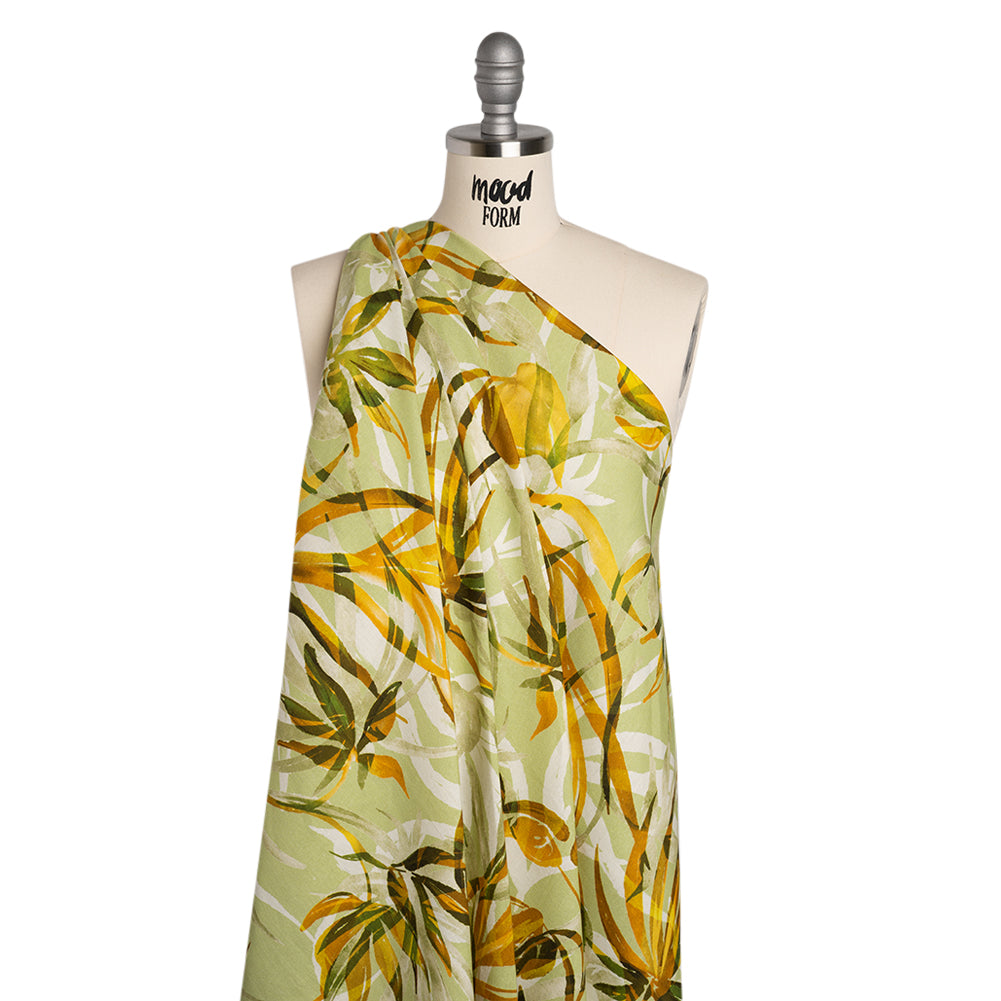 Linen and Rayon Woven - Matcha Green and Yellow Overlapping Leaves - Mood Exclusive Vine Vista Print - Joann Fabrics