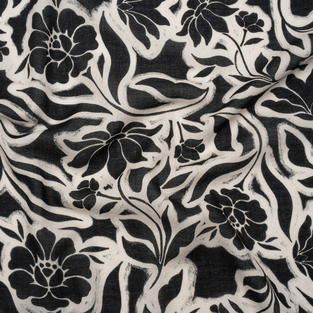 Cotton Crepe - Black and Cream Outlined Flowers - Mood Exclusive Pressed Petals Print - Joann Fabrics