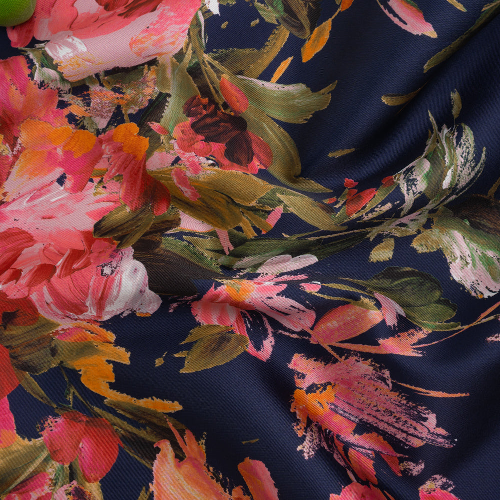 Polyester Twill Print - Navy, Pink and Olive Green Painterly Floral Border - Designer Deadstock - Joann Fabrics