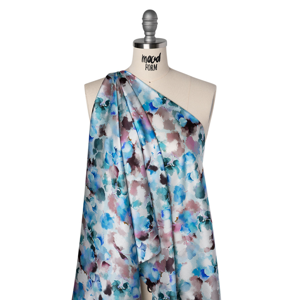 Silk Charmeuse Print 16MM, Made in Italy - Blue, Teal and Brown Abstracted Watercolor Flowers - Joann Fabrics