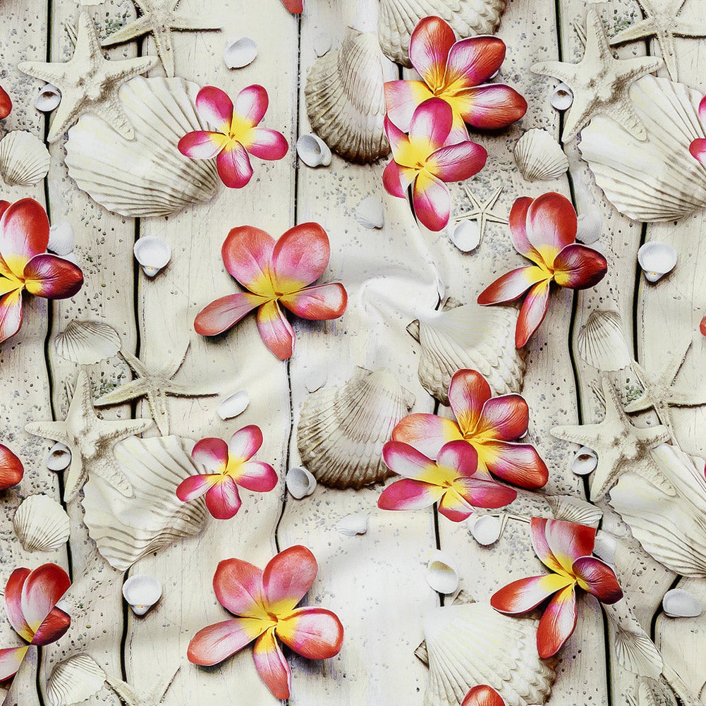 Compression Swimwear Tricot, UV Protective with Aloe Vera Microcapsules - Shells on a Beige Boardwalk - Caye Collection - Joann Fabrics