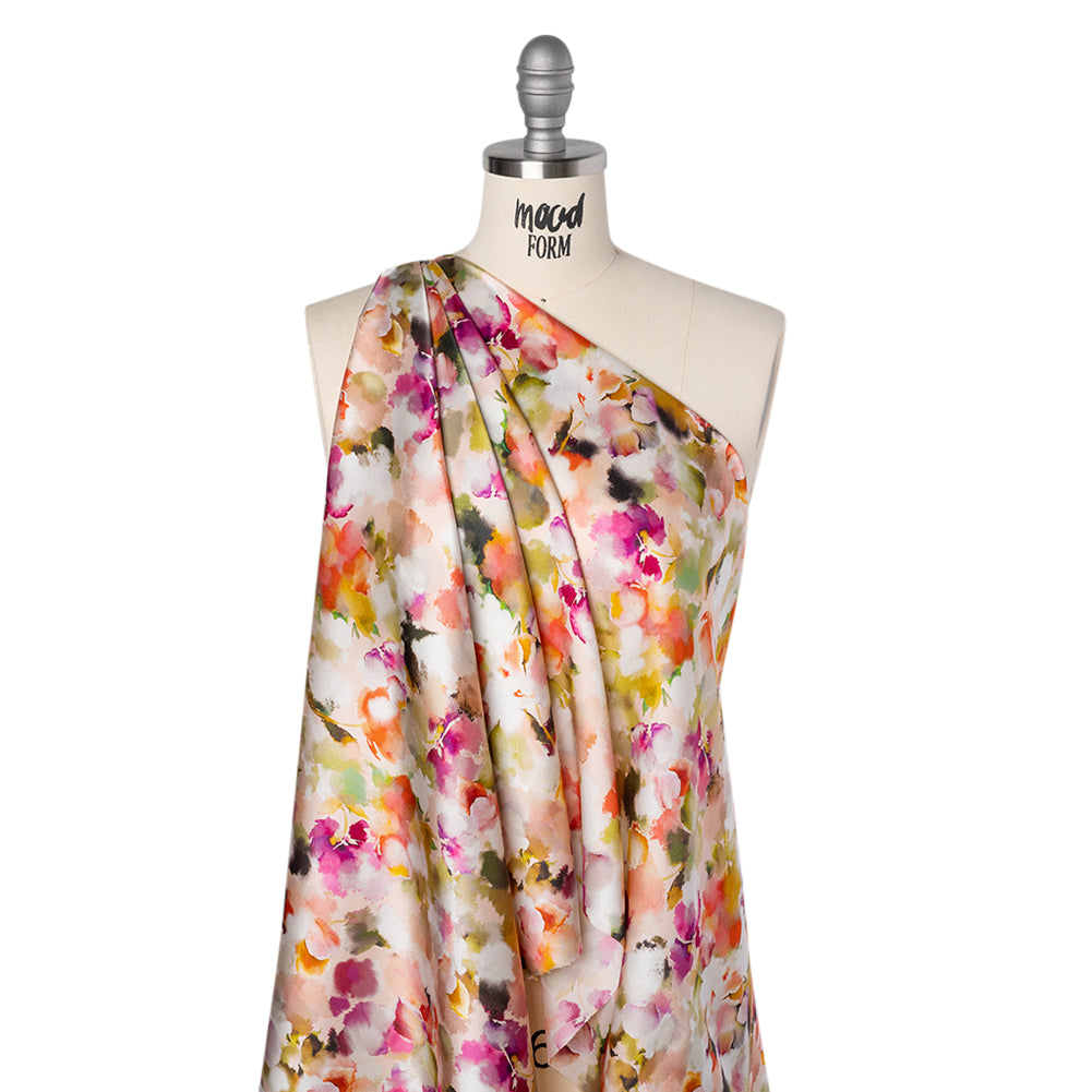 Silk Charmeuse Print 16MM, Made in Italy - Peach, Olive Green and Fuchsia Abstracted Watercolor Flowers - Joann Fabrics