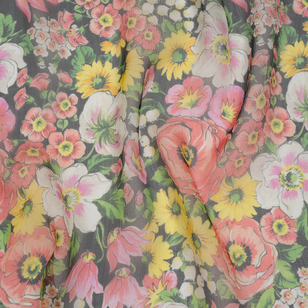 Silk Voile Print Made in Italy - Pink, Yellow and Green Flower Garden - Deadstock - Joann Fabrics