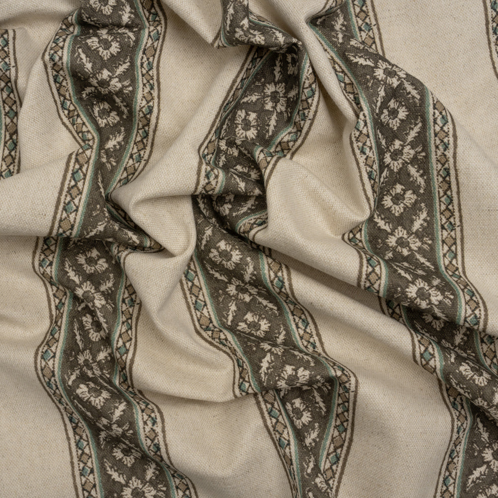 Brushed Cotton and Linen Canvas - Truffle Flowers and Diamonds Stripes - British Imported - Joann Fabrics