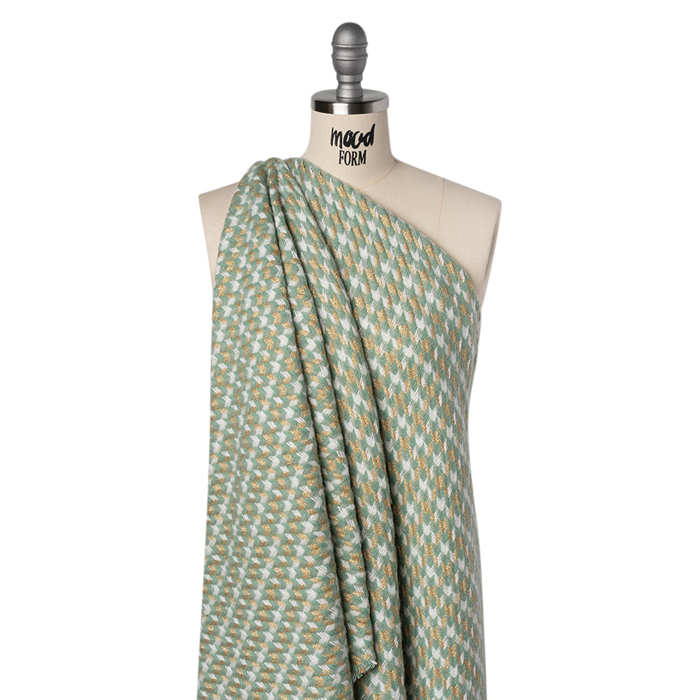 Metallic Wool and Acrylic Tweed Twill - Mint Green, Gold and White Geometric - Deadstock - Joann Fabrics