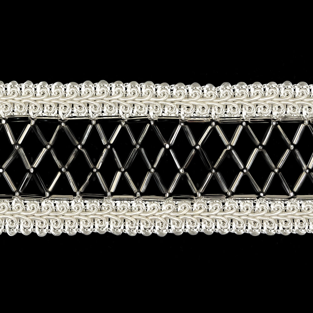 Vintage Silver and Ivory Diamond Lattice Woven Beaded Trim - 1.75