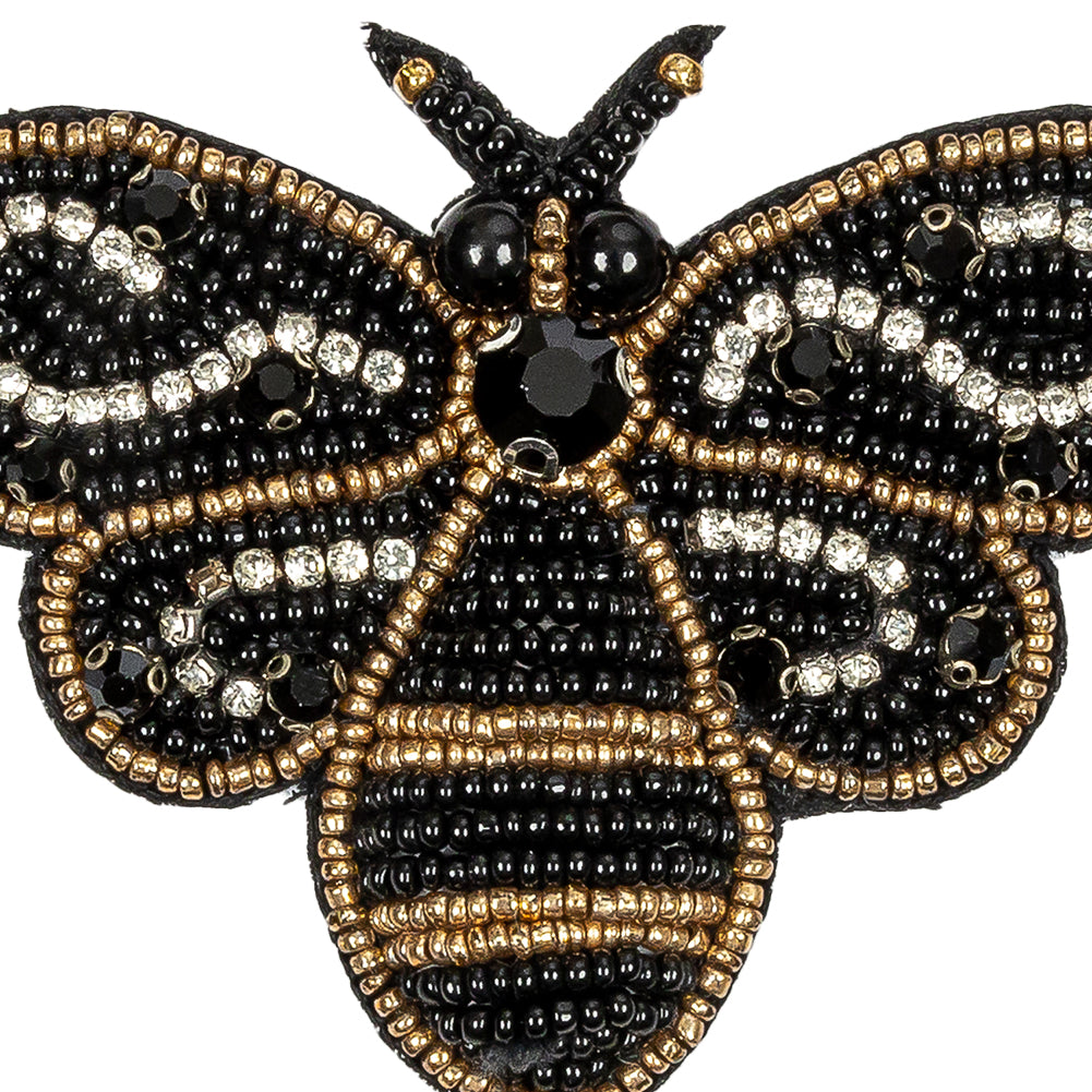 Black and Gold Queen Bee Rhinestone and Glass Beaded Applique - 2.25