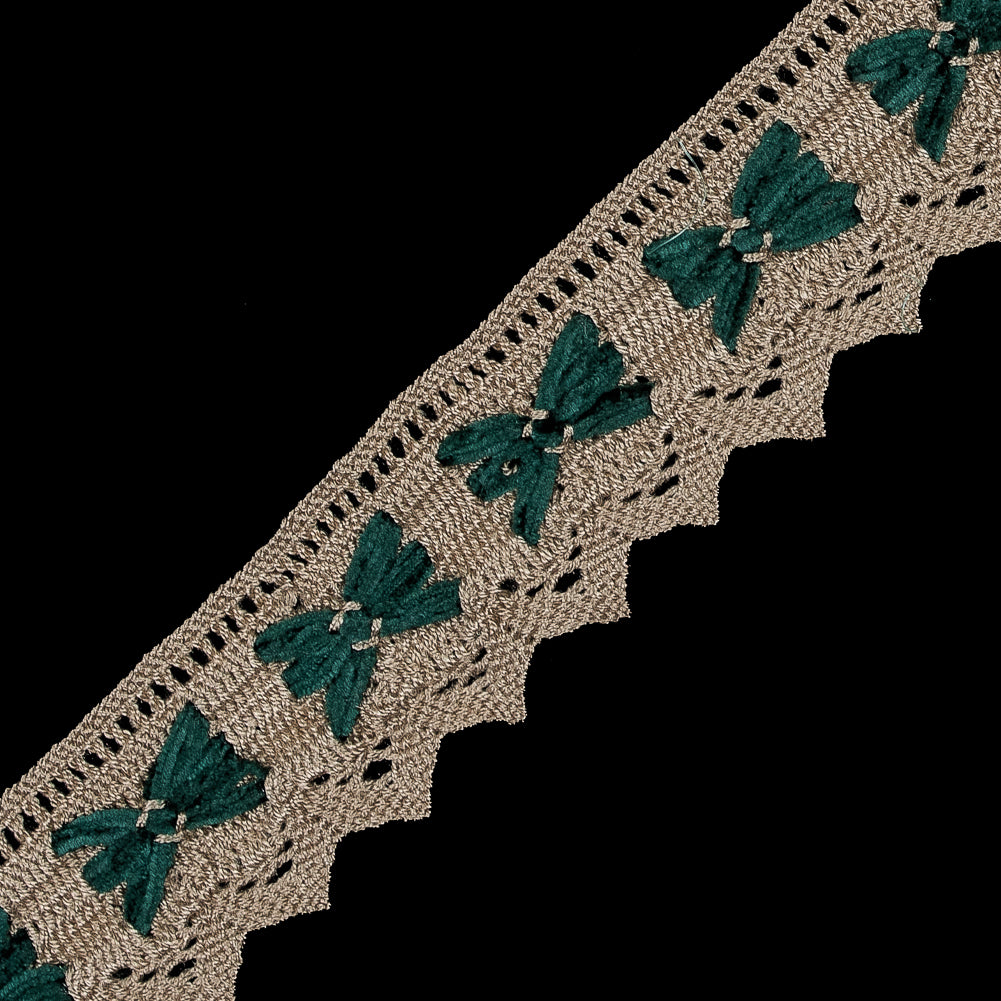 Beige Crochet Trim with Green Chenille Inserts - 1.5