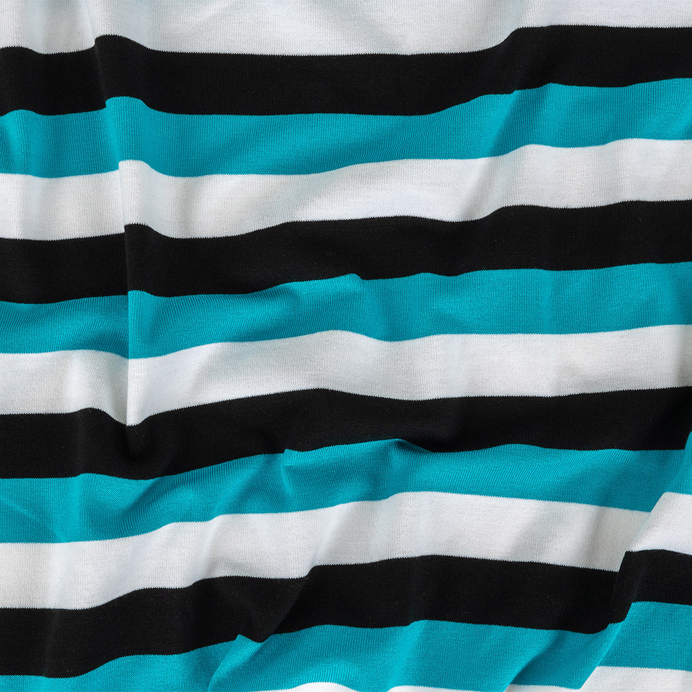 Turquoise, Black and White Awning Stripes Stretch Polyester Jersey - Joann Fabrics