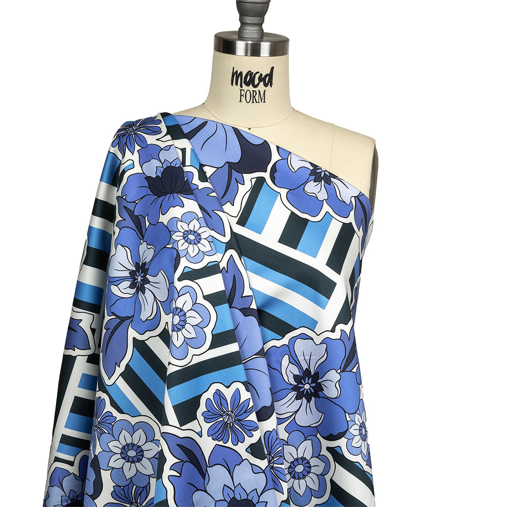 Stretch Cotton Sateen - Flowers and Stripes - Stuck on Blue Print - Mood Exclusive Indigo Collection - Joann Fabrics