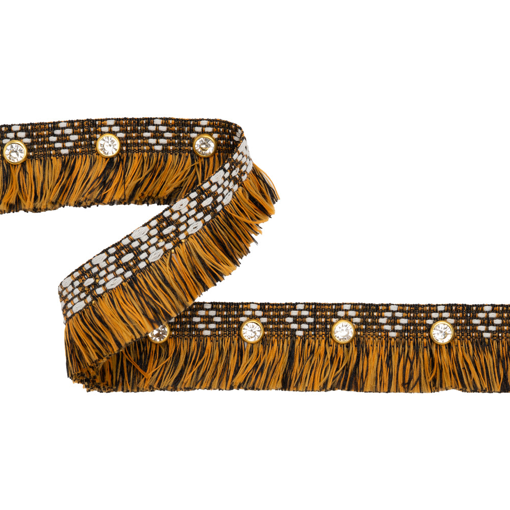 Yaya Han Brush Fringe Trim with Rhinestones - Black, Orange and Gold Geometric, 1.25