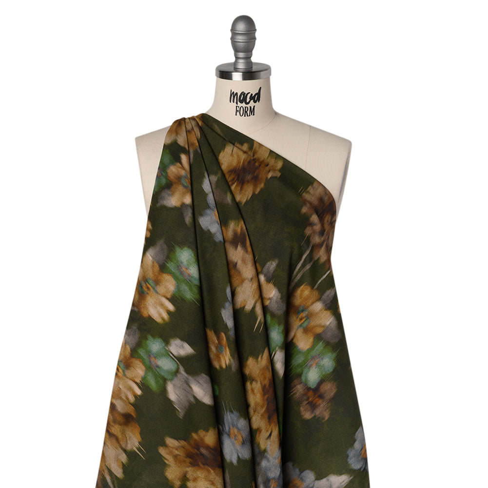 Crinkled Cotton Gauzy Woven - Olive Green, Tan and Gray Hazy Ikat Flowers - Mood Exclusive Blurred Blooms Print - Joann Fabrics