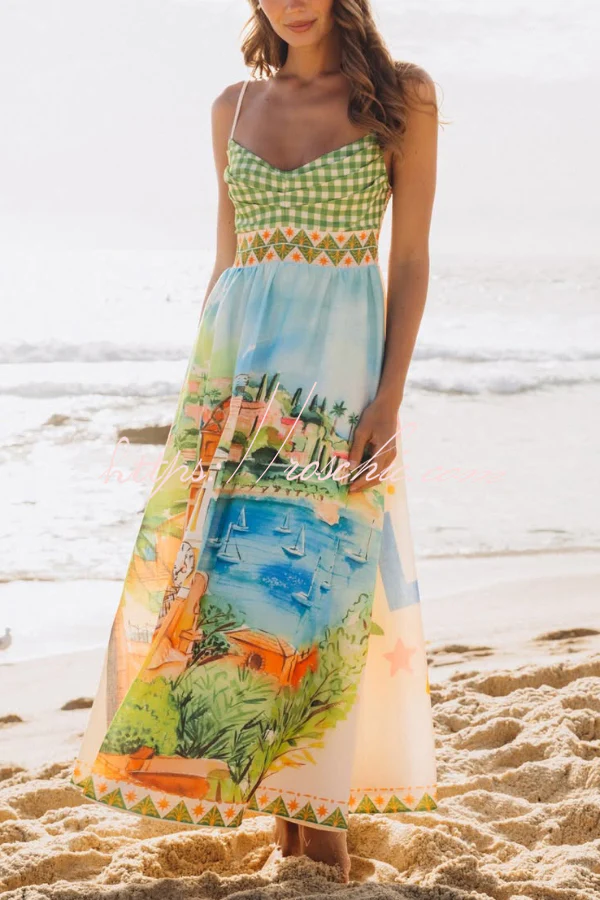 Unique Printed Spaghetti Strap Pleated Casual Maxi Dress