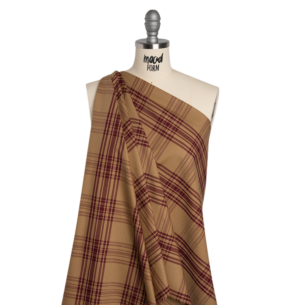 Cotton Oxford Shirting - Tan and Burgundy Plaid - Deadstock - Joann Fabrics