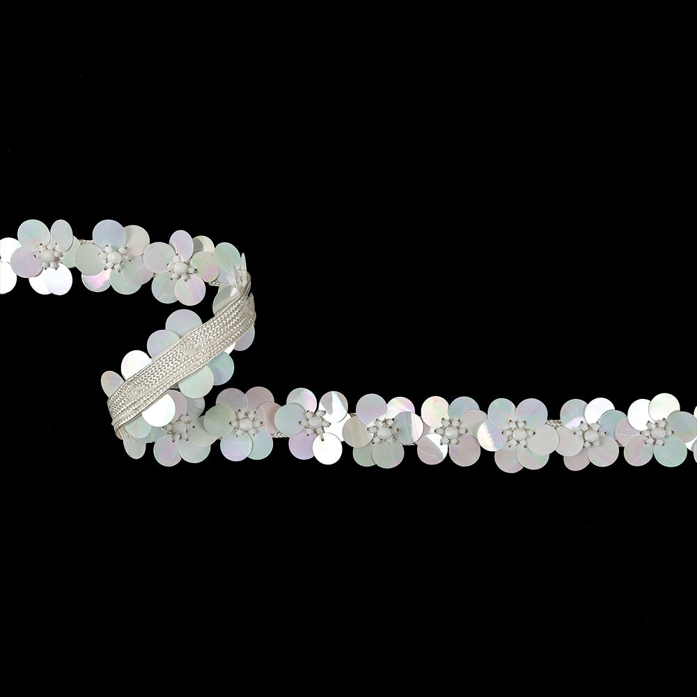 Vintage Ivory and Iridescent White Floral Sequins and Beaded Trim - 0.875