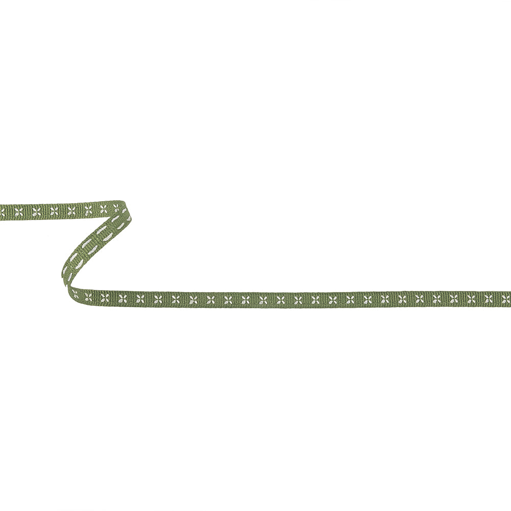Epsom Green Grosgrain Ribbon with Blanc de Blanc Stitched Flowers - 0.25