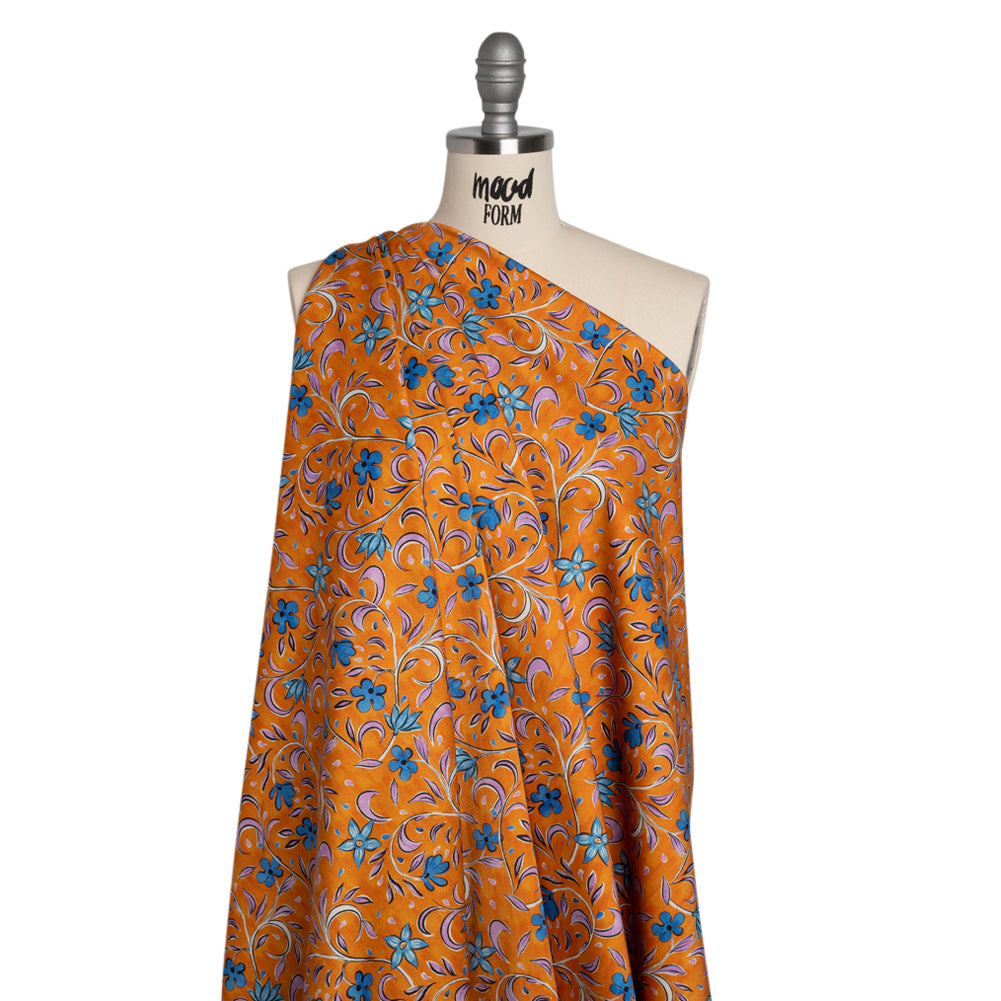 Stretch Cotton Sateen - Orange and Blue Floral - Apollo's Laurel Print - Mood Exclusive Chariot Collection - Joann Fabrics