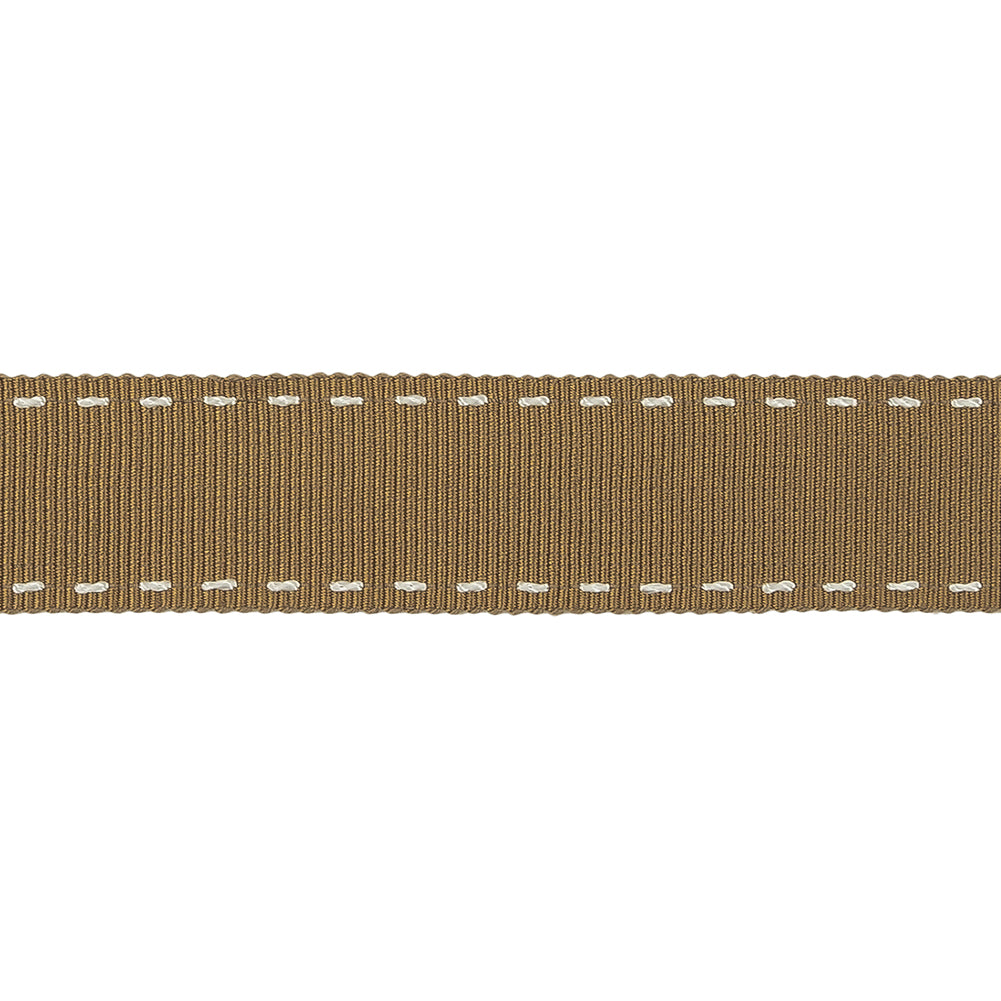 Chai Tea and White Stitched Grosgrain Ribbon - 0.8