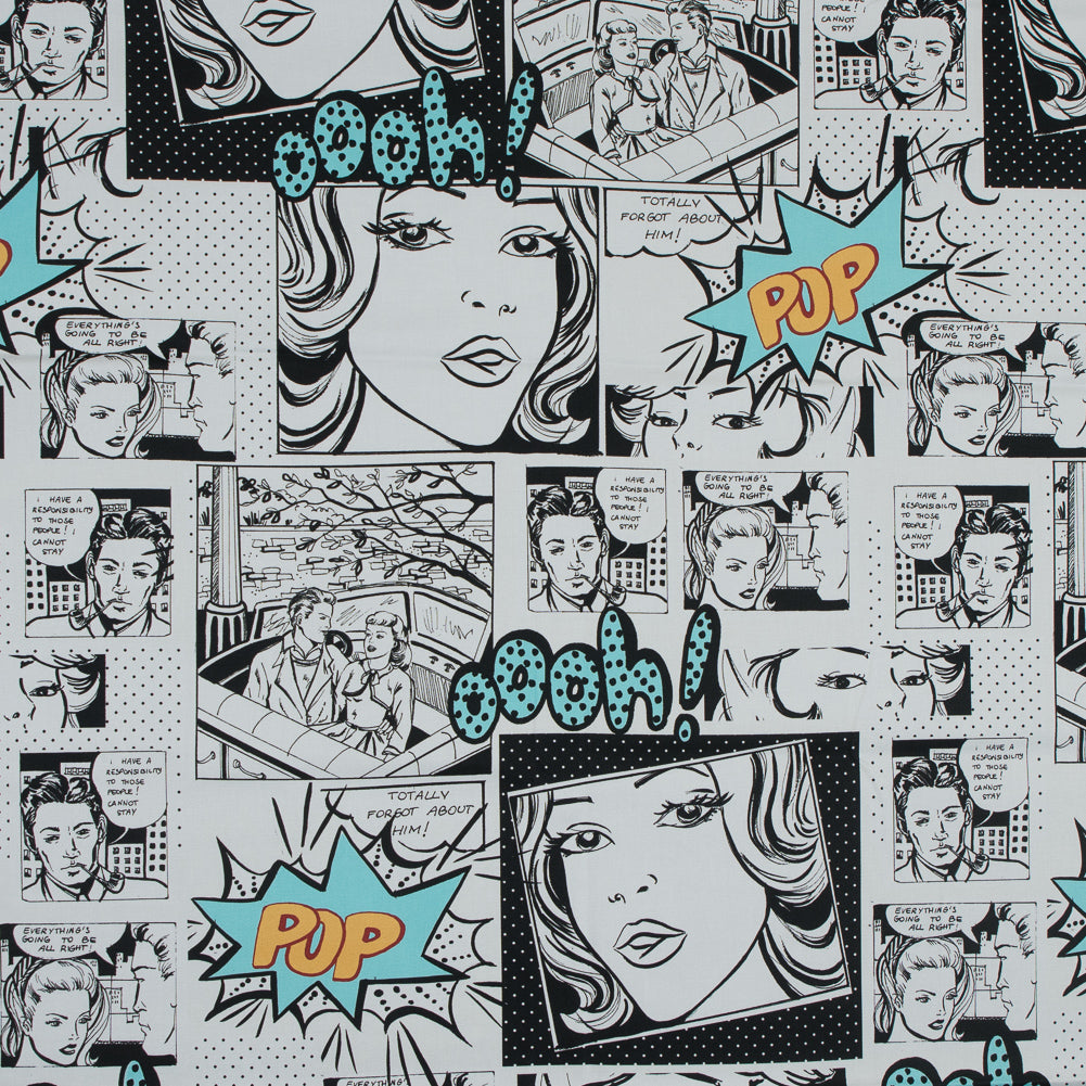 Stretch Cotton Sateen - Black and Aqua Comics - Alter-Ego Romance Print - Mood Exclusive Comic Collection - Joann Fabrics