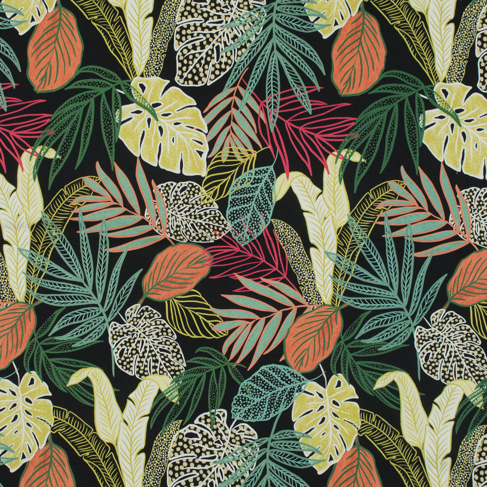 Stretch Cotton Sateen - Black and Green Leaves - Tropikaj Lumoj Print - Mood Exclusive Avenable Collection - Joann Fabrics