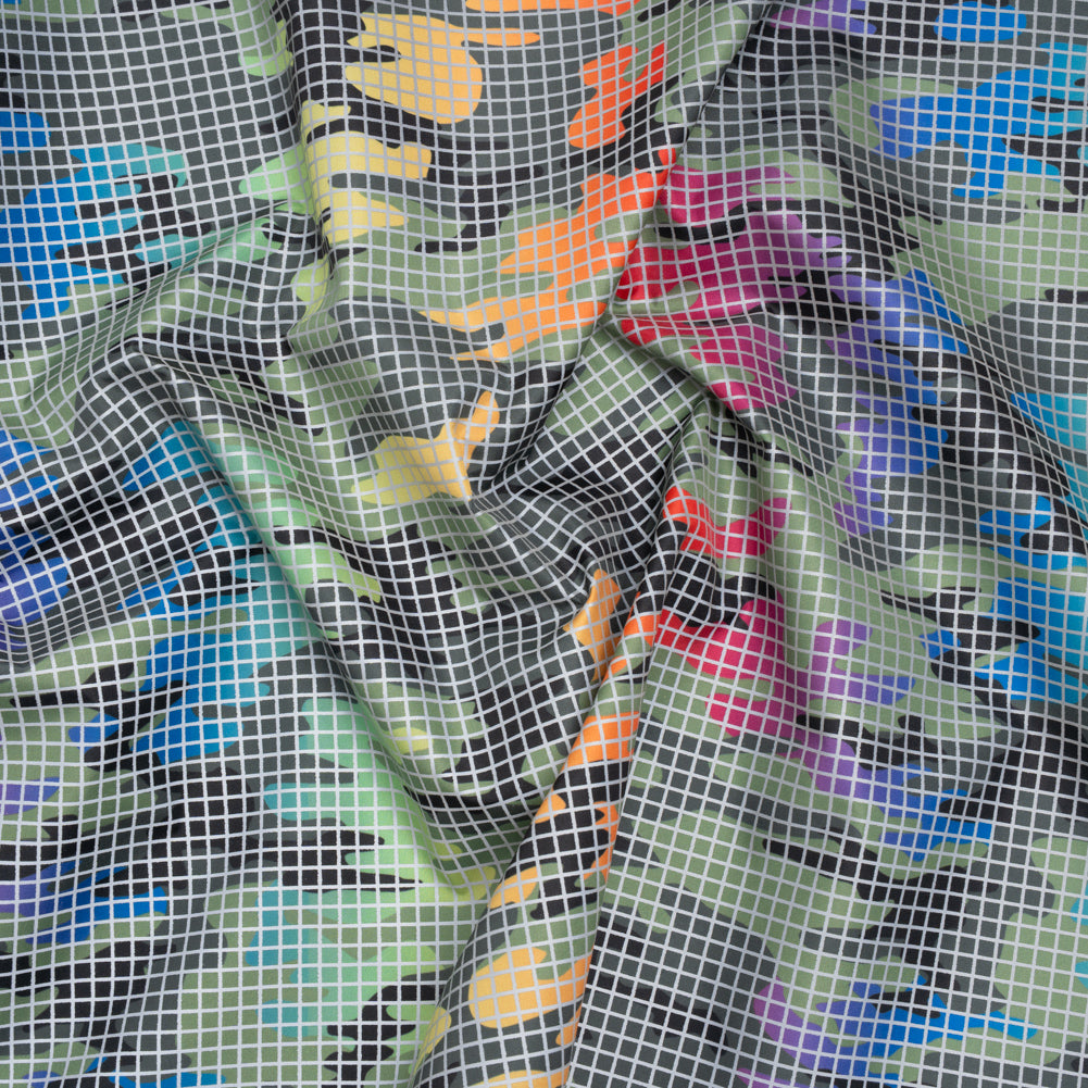 Reflective Print Fabric - Olive Green and Rainbow Camouflage with Silver Gray Grid - Joann Fabrics