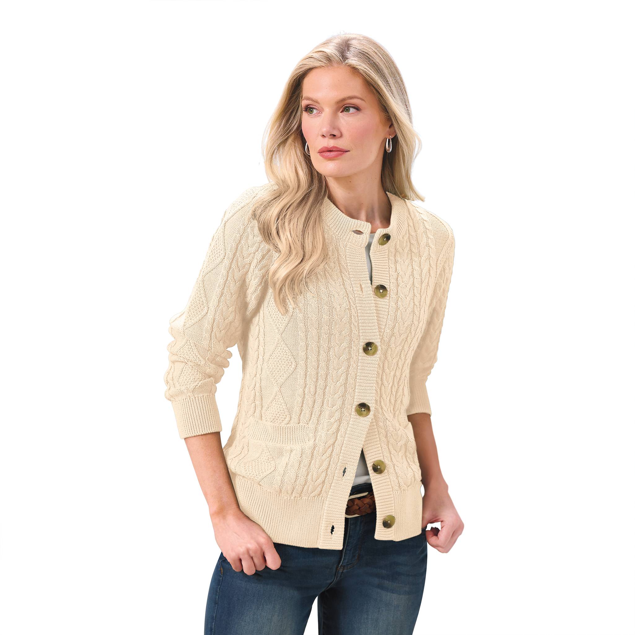 Two-Pocket Cotton Cable Cardigan, Button Front - Northstyle Catalog
