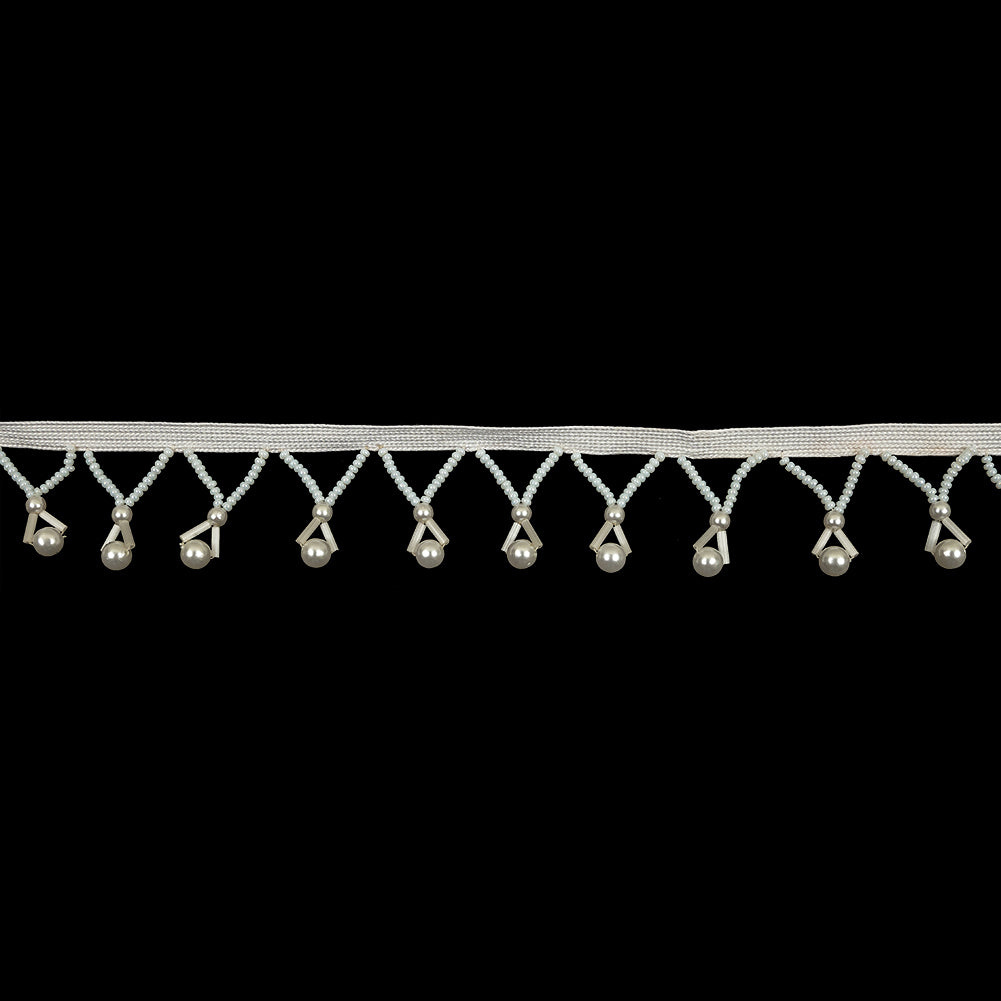 Vintage Pearlescent White and Ivory Round, Seed and Bugle Beaded Fringe Trim - 1.25